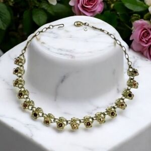 Vintage Unsigned Coro AB Rhinestones Leaves Flowers Necklace Choker Gold Tone